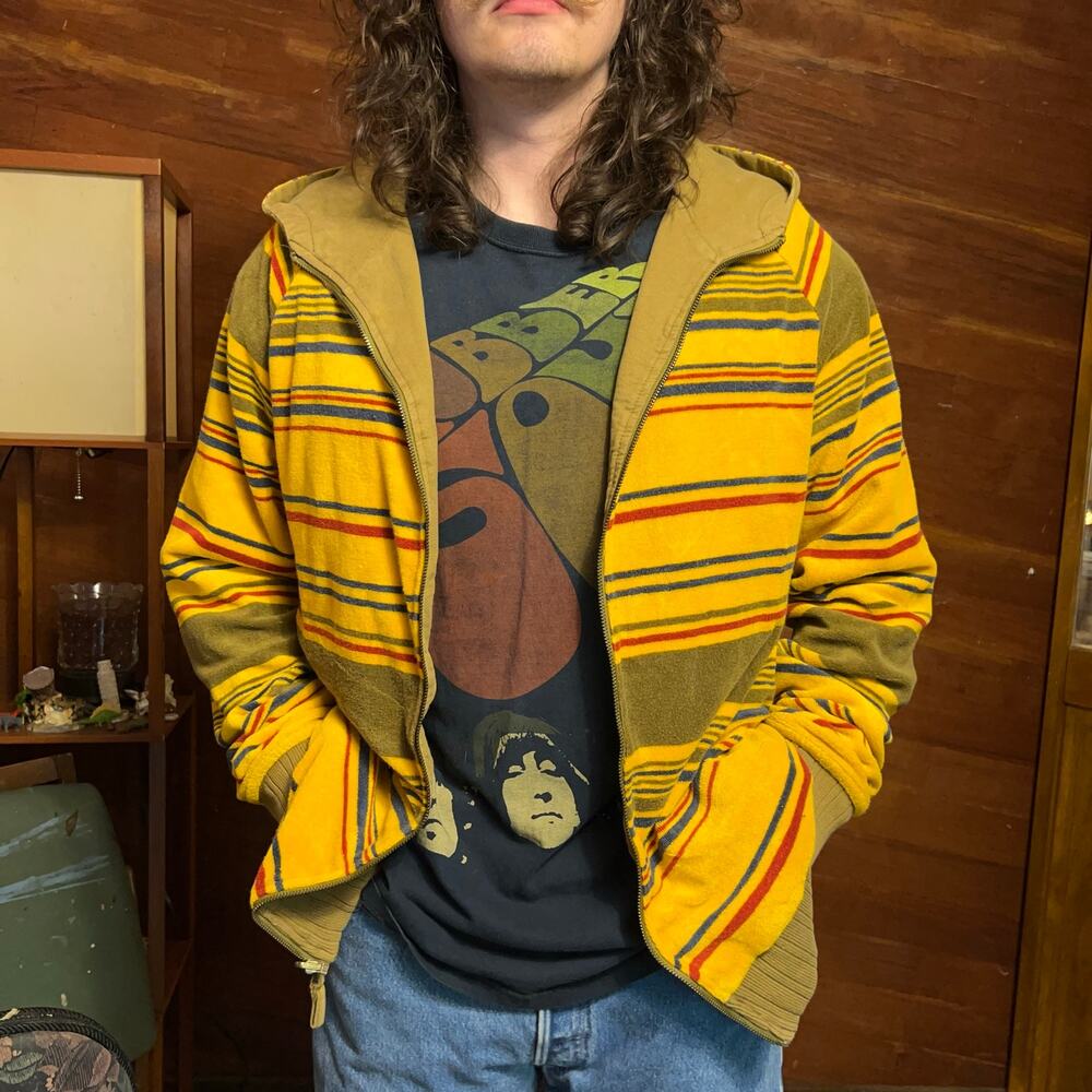 Y2K Analog Skate Hoodie Reversible Striped Size L Spellout Retro